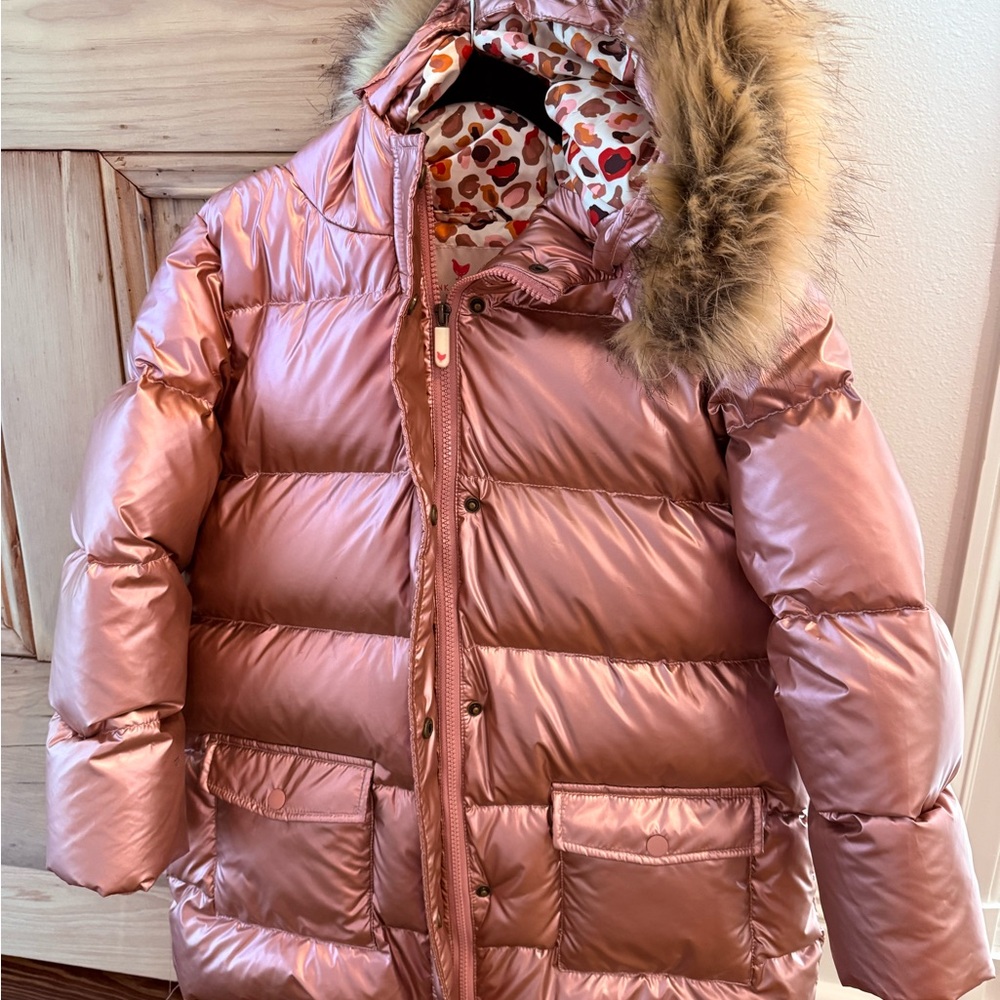 Pink Chicken Metallic Pink Puffer Jacket with Faux Fur Trim